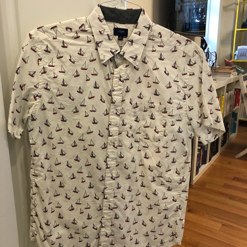 J Crew White Sailboat Woven Shirt